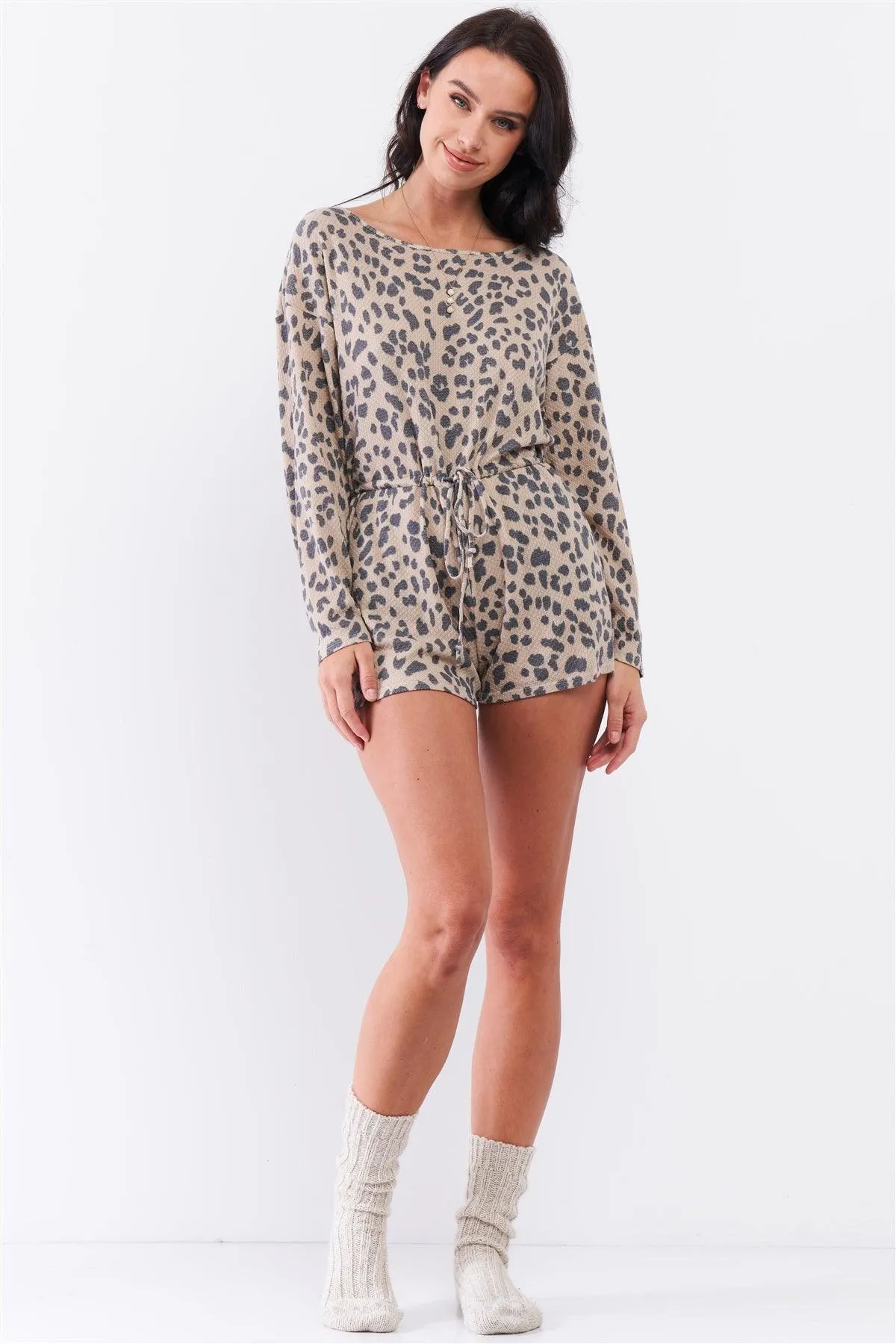 Taupe Leopard Print Long Sleeve Self-Tie V-Back Detail Draw-String Tie Waistline Romper /3-2-1