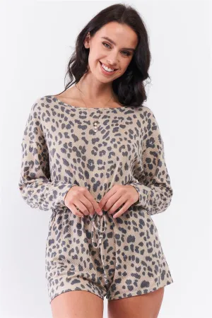 Taupe Leopard Print Long Sleeve Self-Tie V-Back Detail Draw-String Tie Waistline Romper /3-2-1