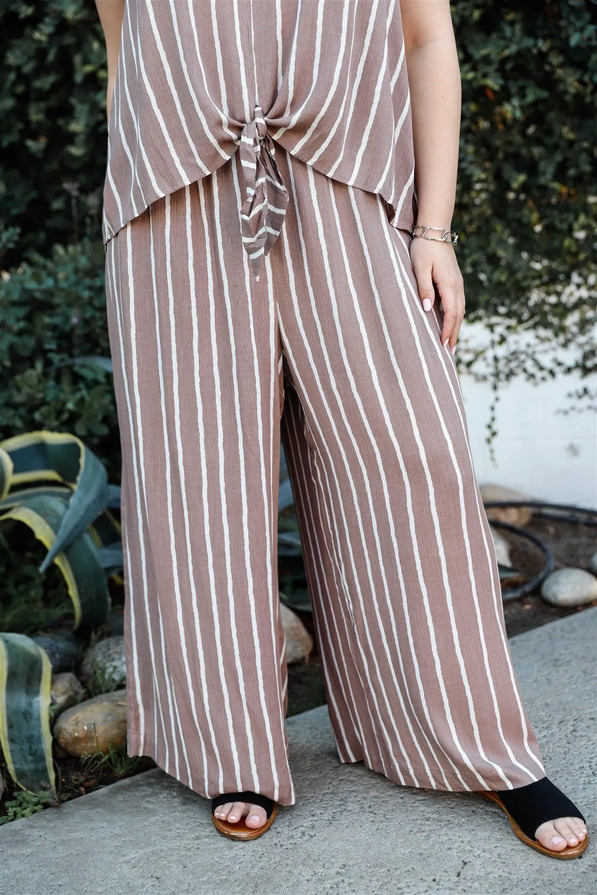 Taupe Striped Front Self-Tie Sleeveless Top & Stripped Smock Waist Wide Leg Pant Set /3