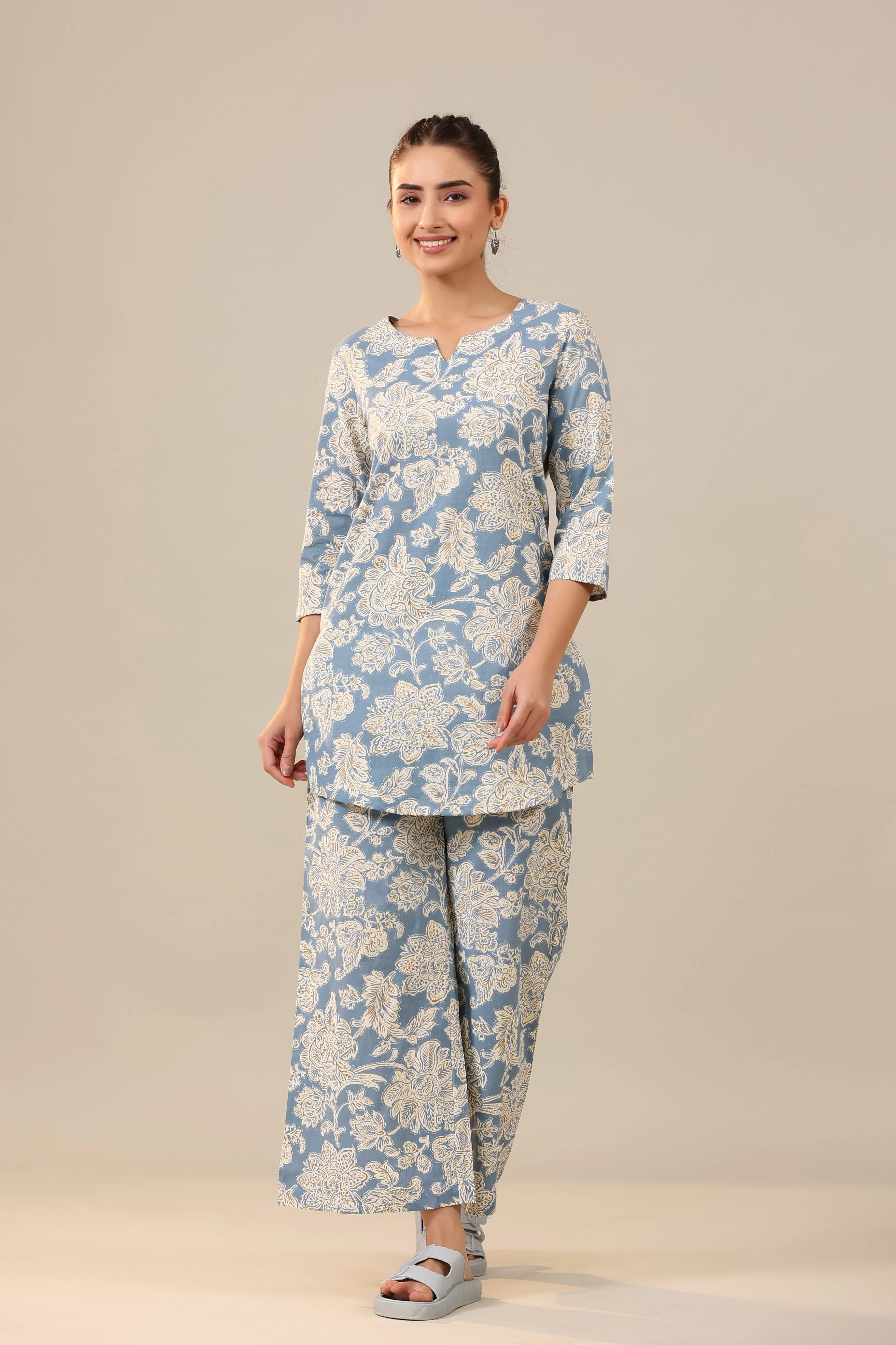 White Jaal on Sea Blue Cotton Flex Palazzo Loungewear Set