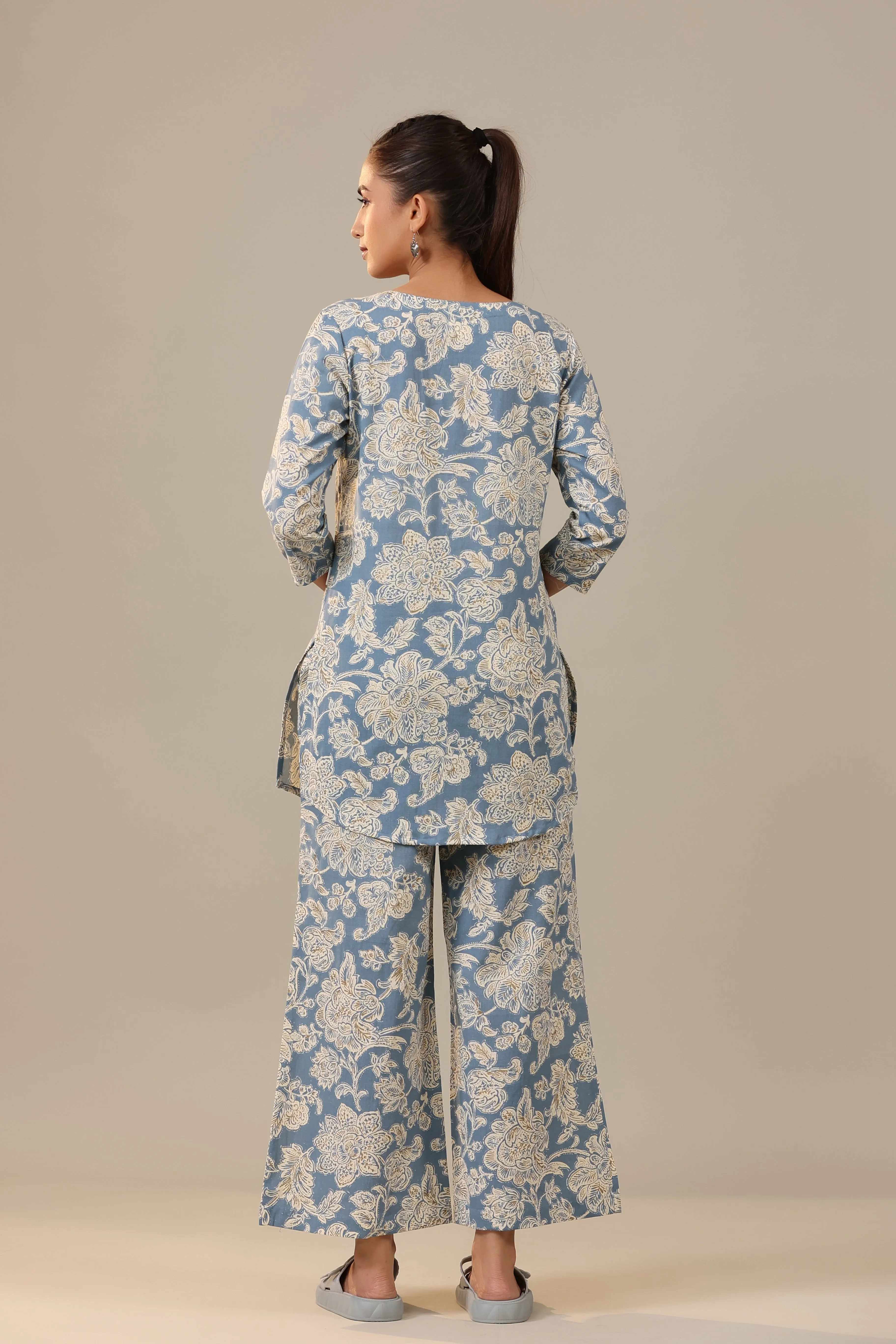 White Jaal on Sea Blue Cotton Flex Palazzo Loungewear Set