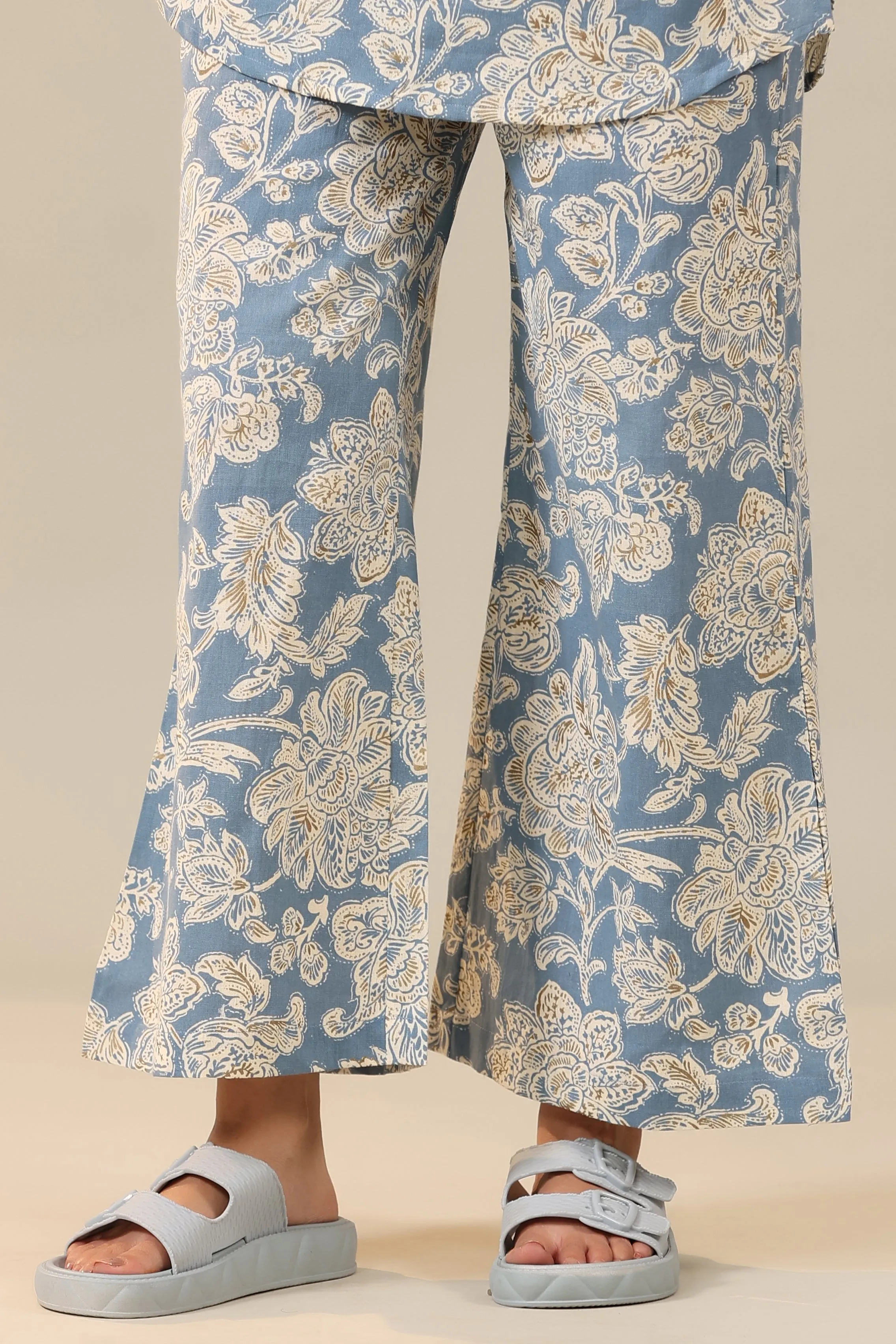 White Jaal on Sea Blue Cotton Flex Palazzo Loungewear Set