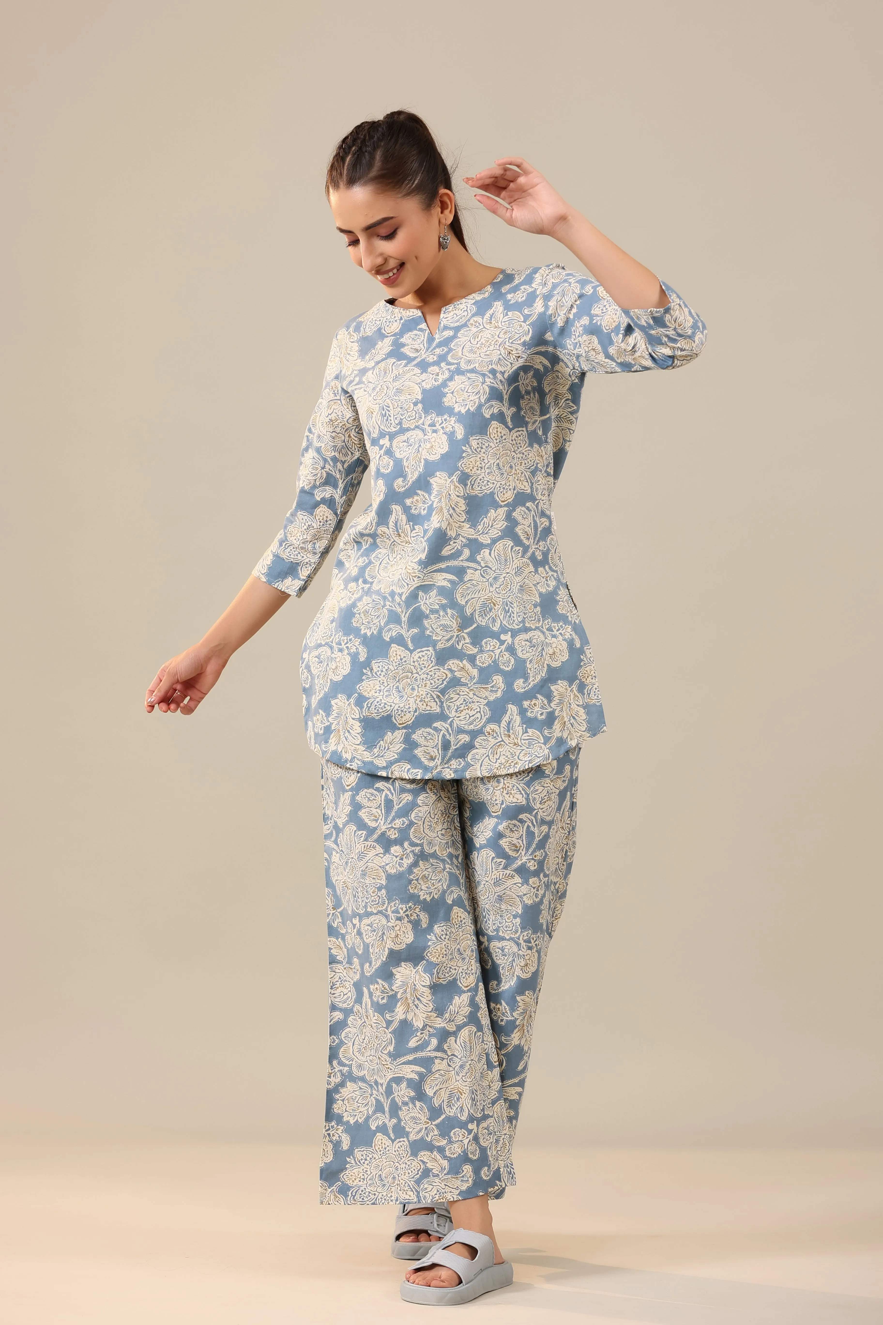 White Jaal on Sea Blue Cotton Flex Palazzo Loungewear Set