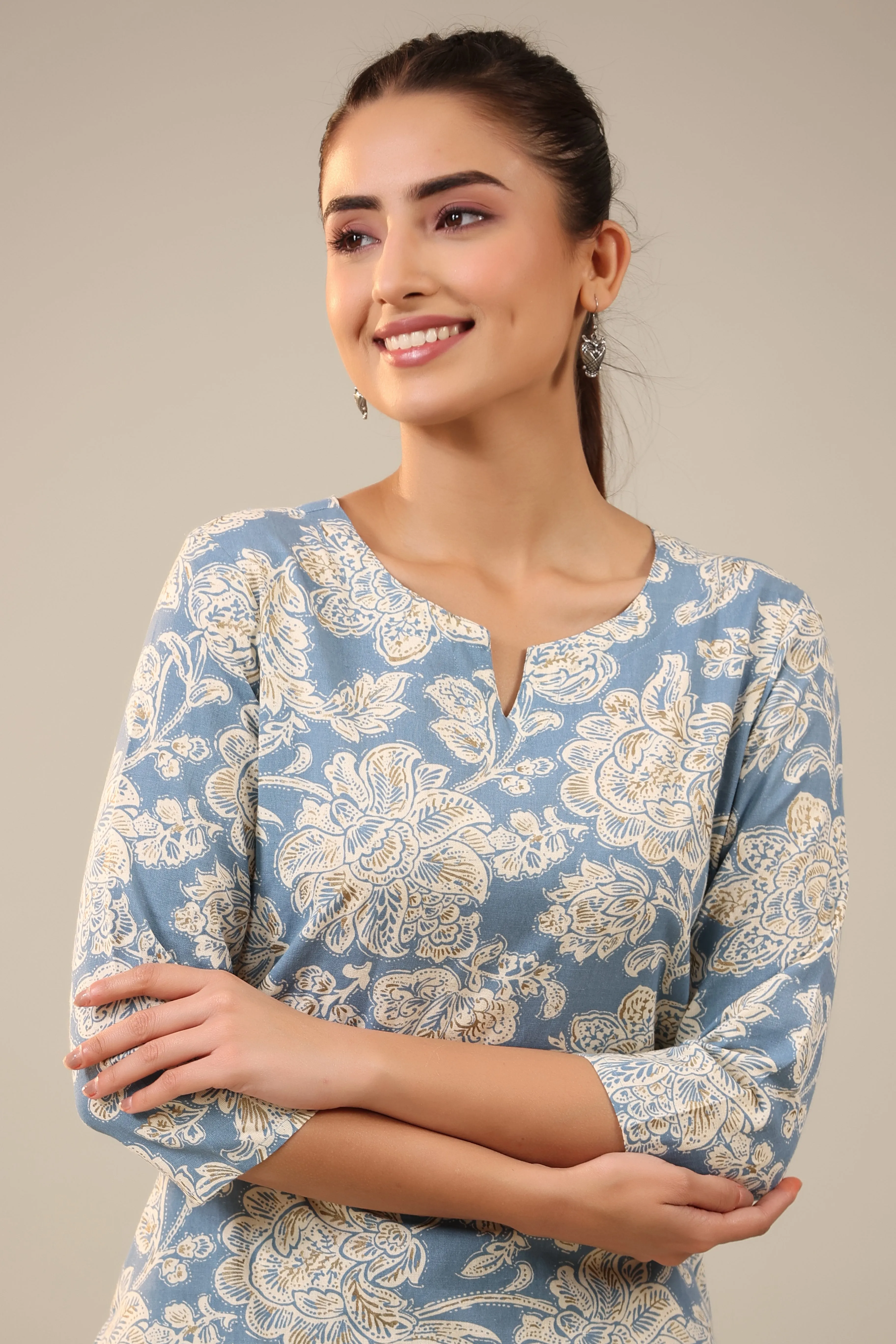 White Jaal on Sea Blue Cotton Flex Palazzo Loungewear Set