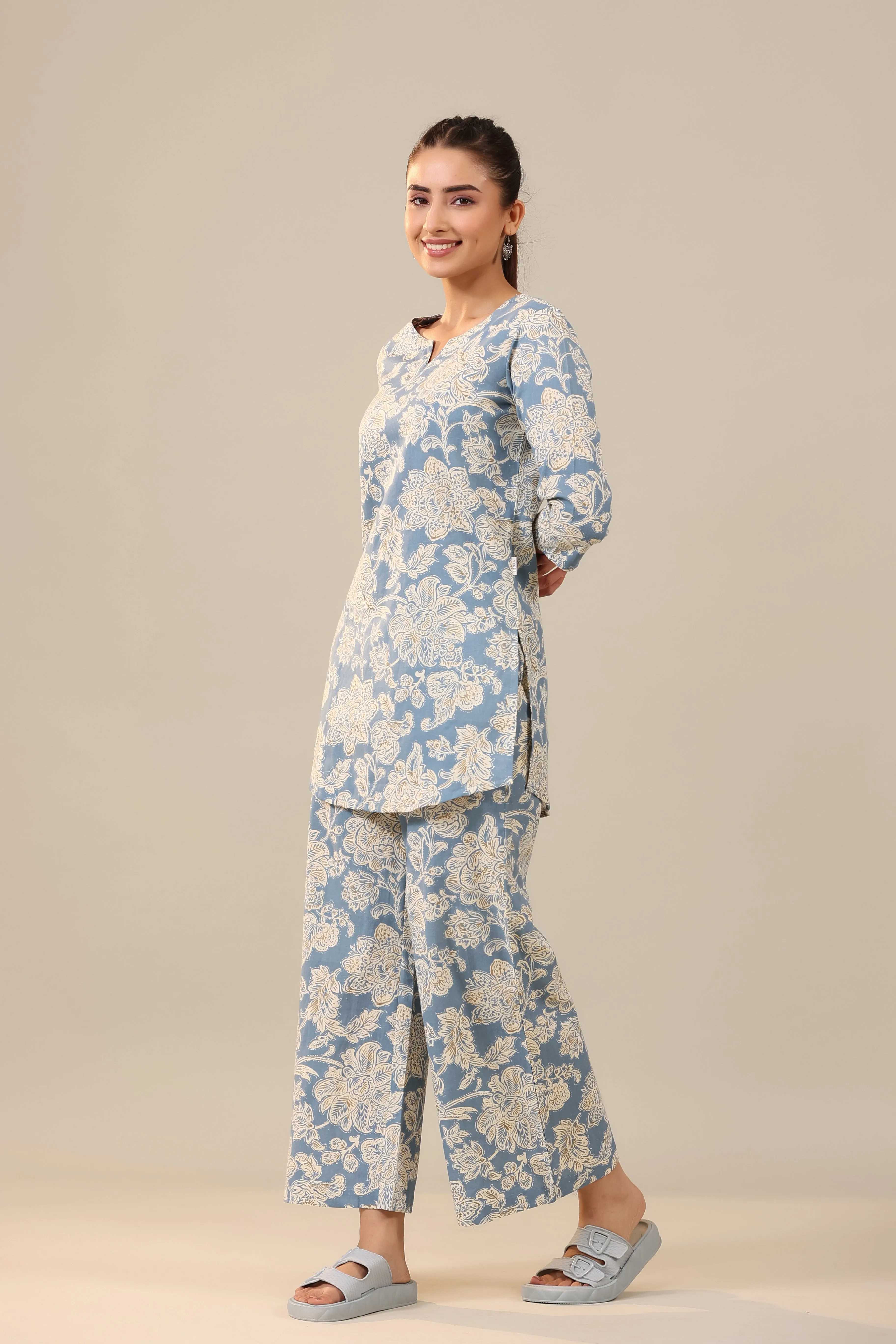 White Jaal on Sea Blue Cotton Flex Palazzo Loungewear Set