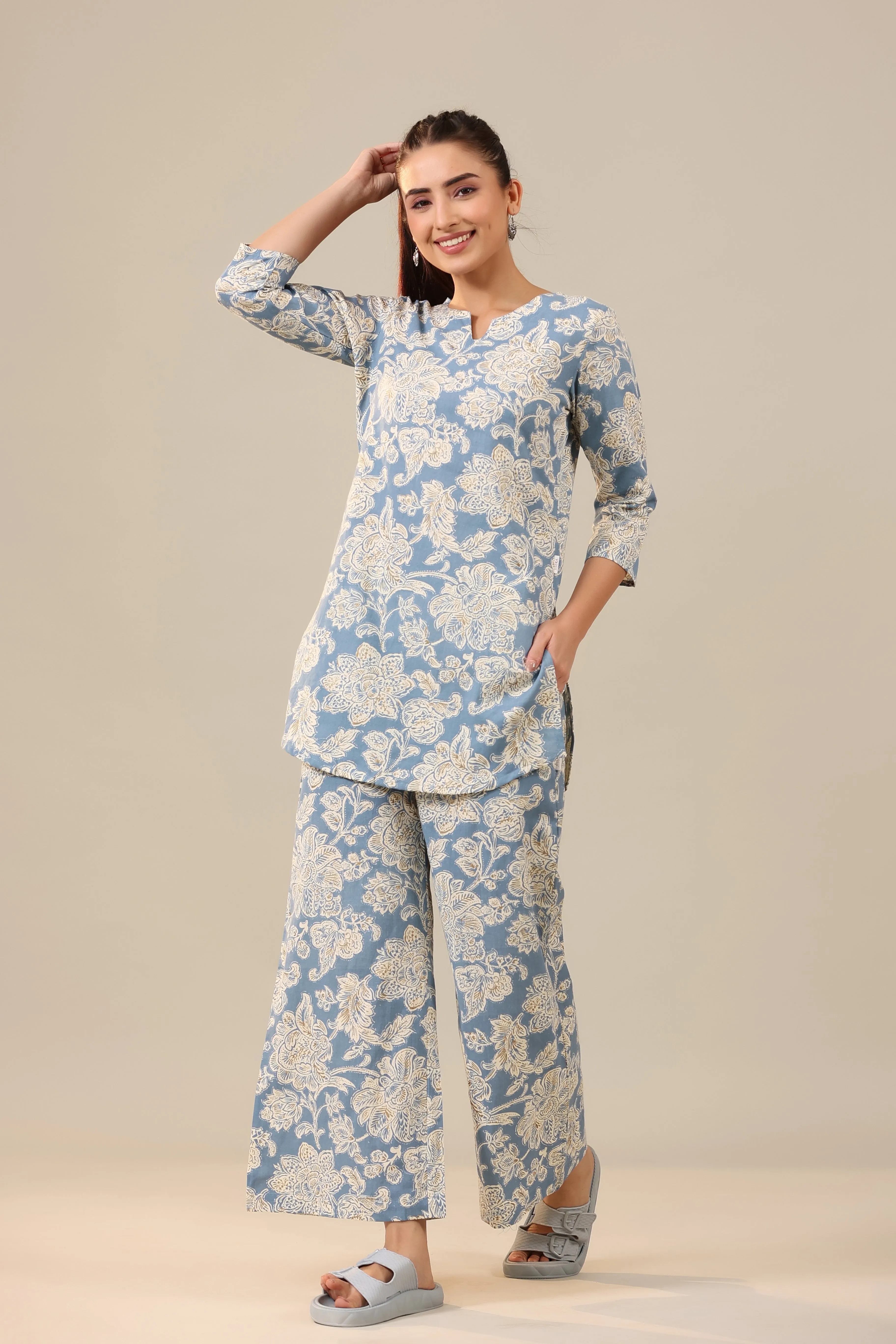 White Jaal on Sea Blue Cotton Flex Palazzo Loungewear Set