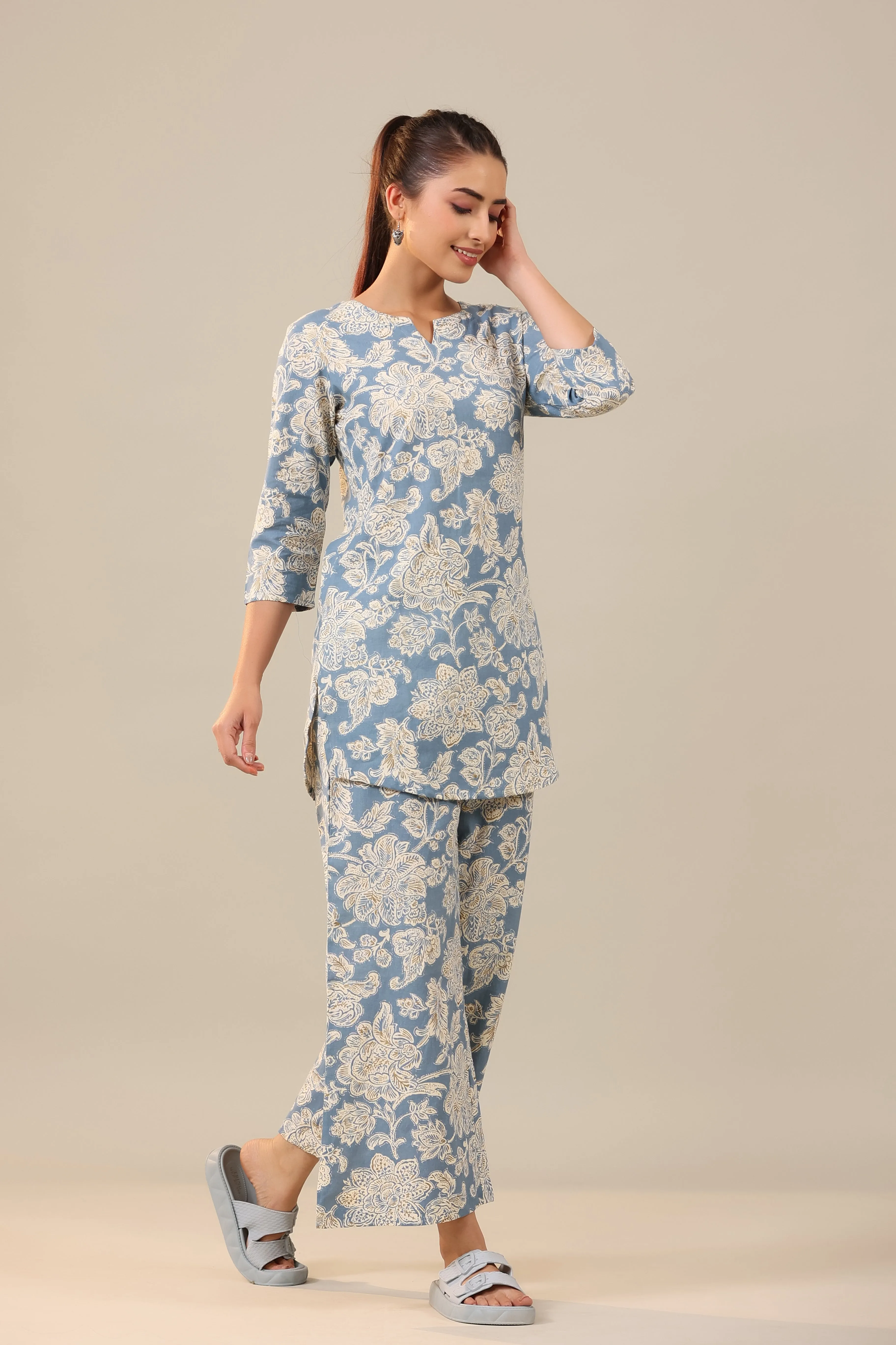 White Jaal on Sea Blue Cotton Flex Palazzo Loungewear Set