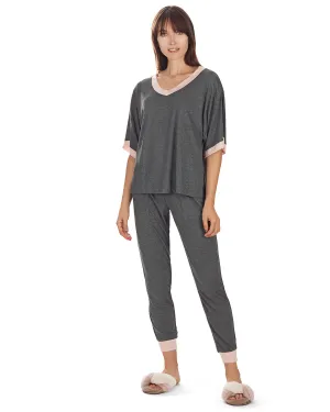 Women's Contrast Trim Loose Fit Modal Short Sleeve and Pants Set