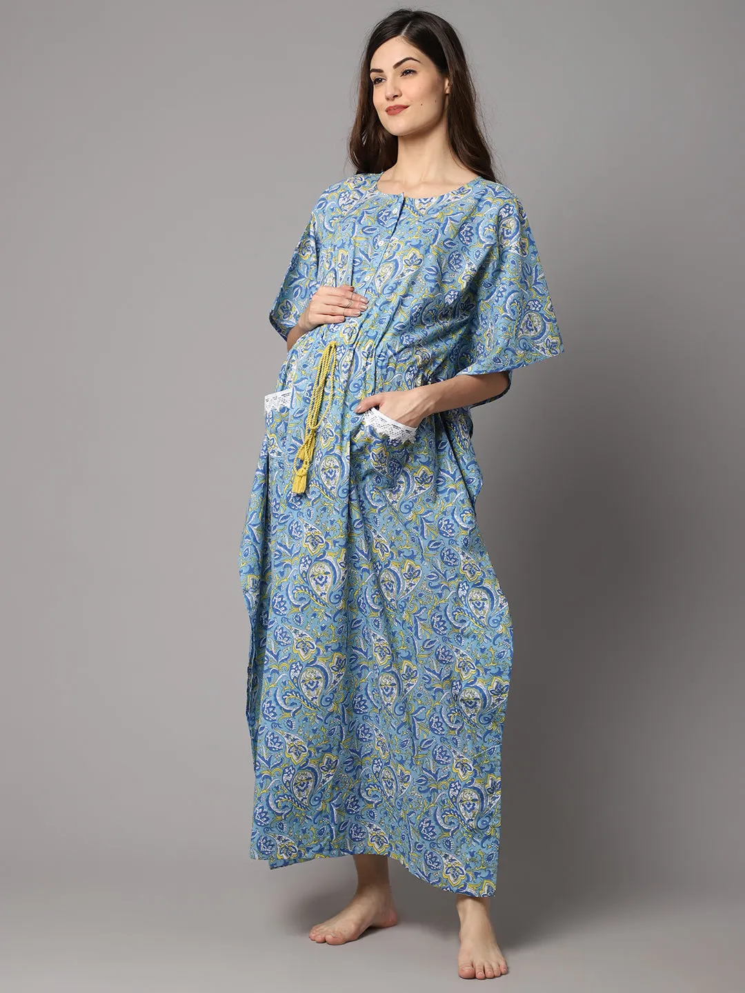 Women's Cotton Paisley Floral Print Maternity Kaftan With Pocket and Feeding