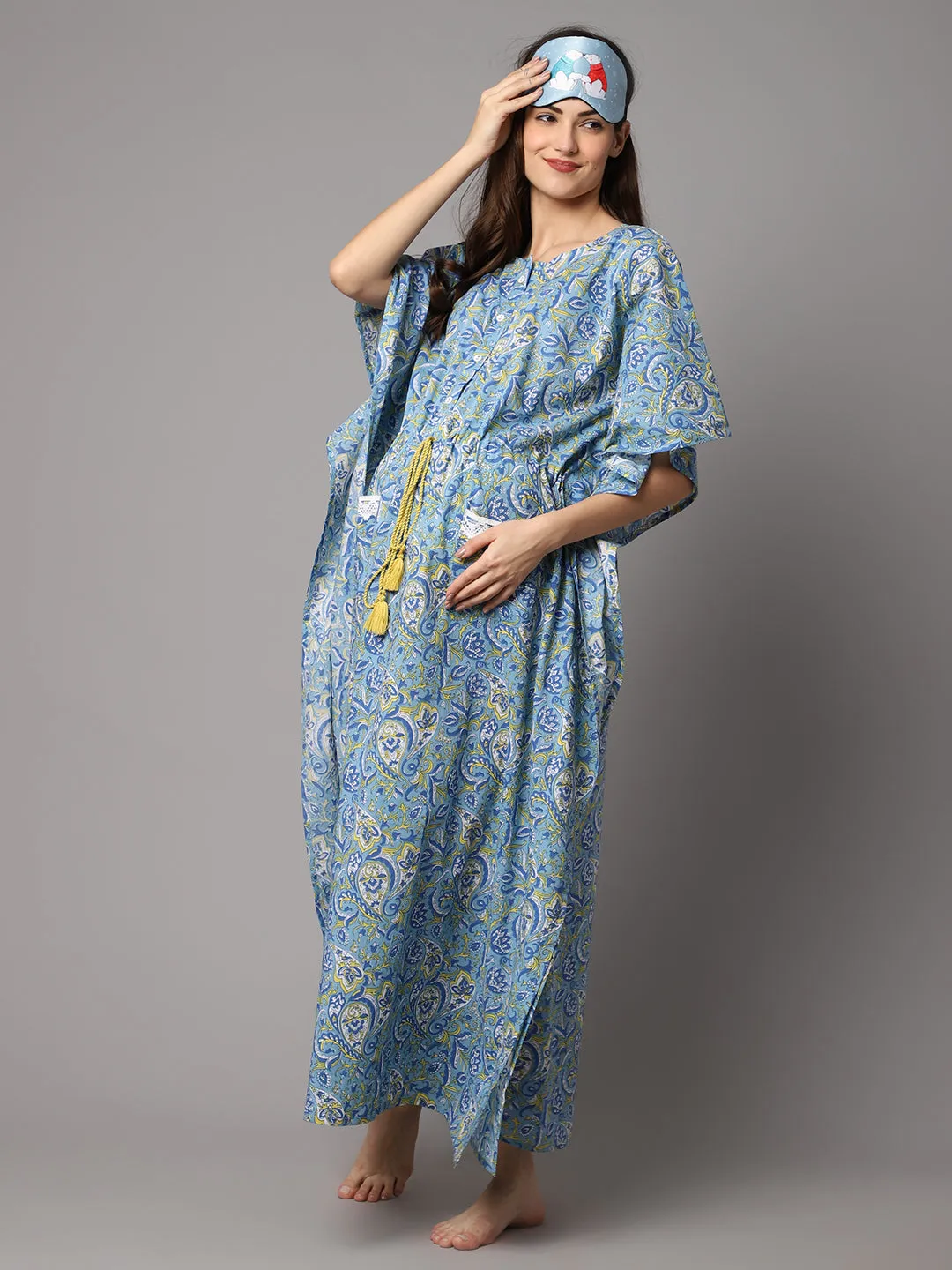 Women's Cotton Paisley Floral Print Maternity Kaftan With Pocket and Feeding