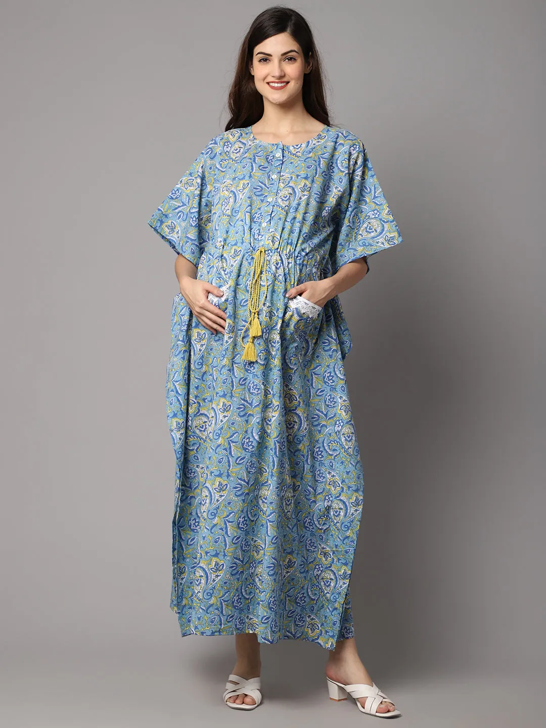 Women's Cotton Paisley Floral Print Maternity Kaftan With Pocket and Feeding