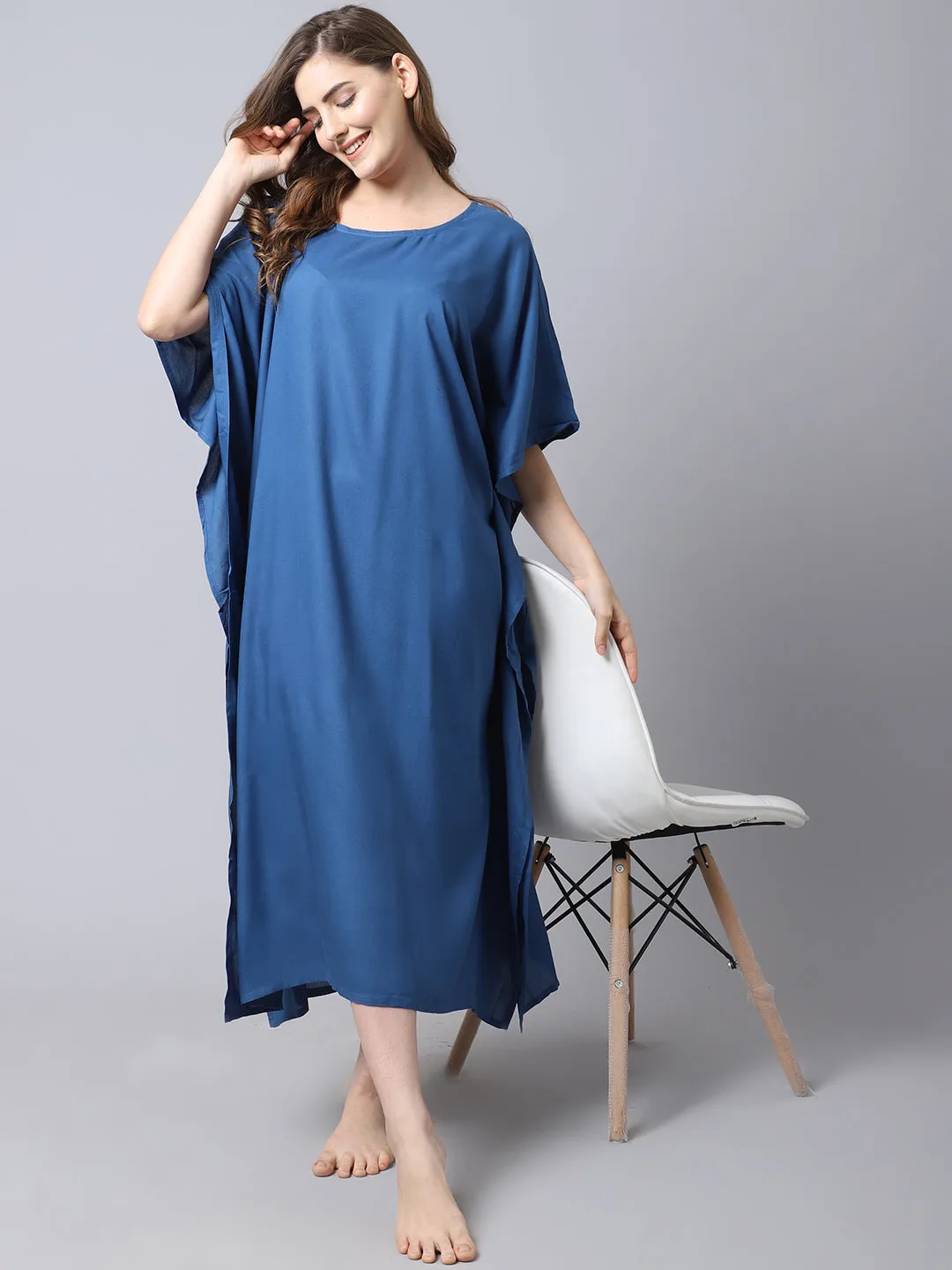 Women's Rayon Solid Kaftan Nighty/ Night Gown - Blue