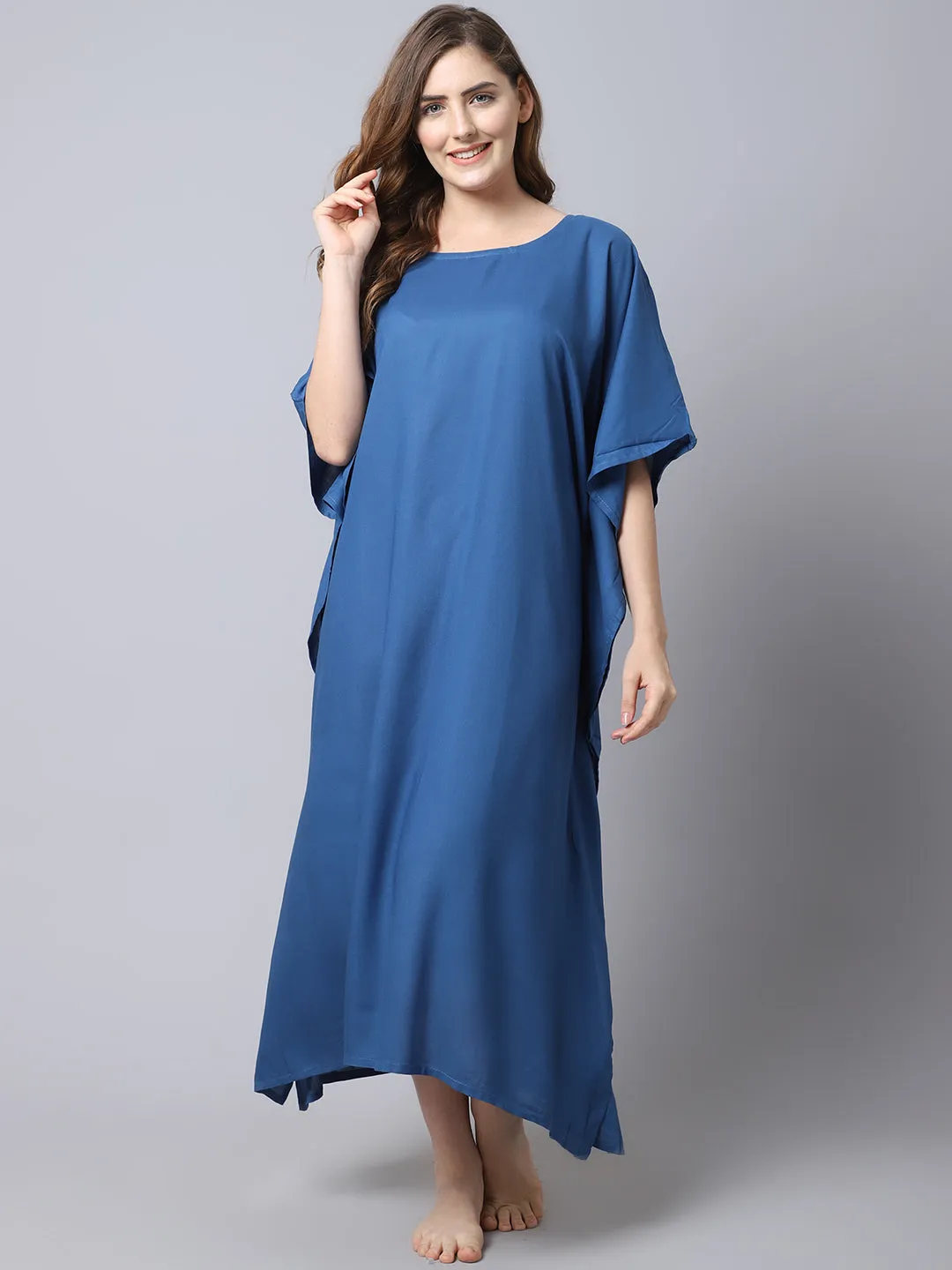 Women's Rayon Solid Kaftan Nighty/ Night Gown - Blue